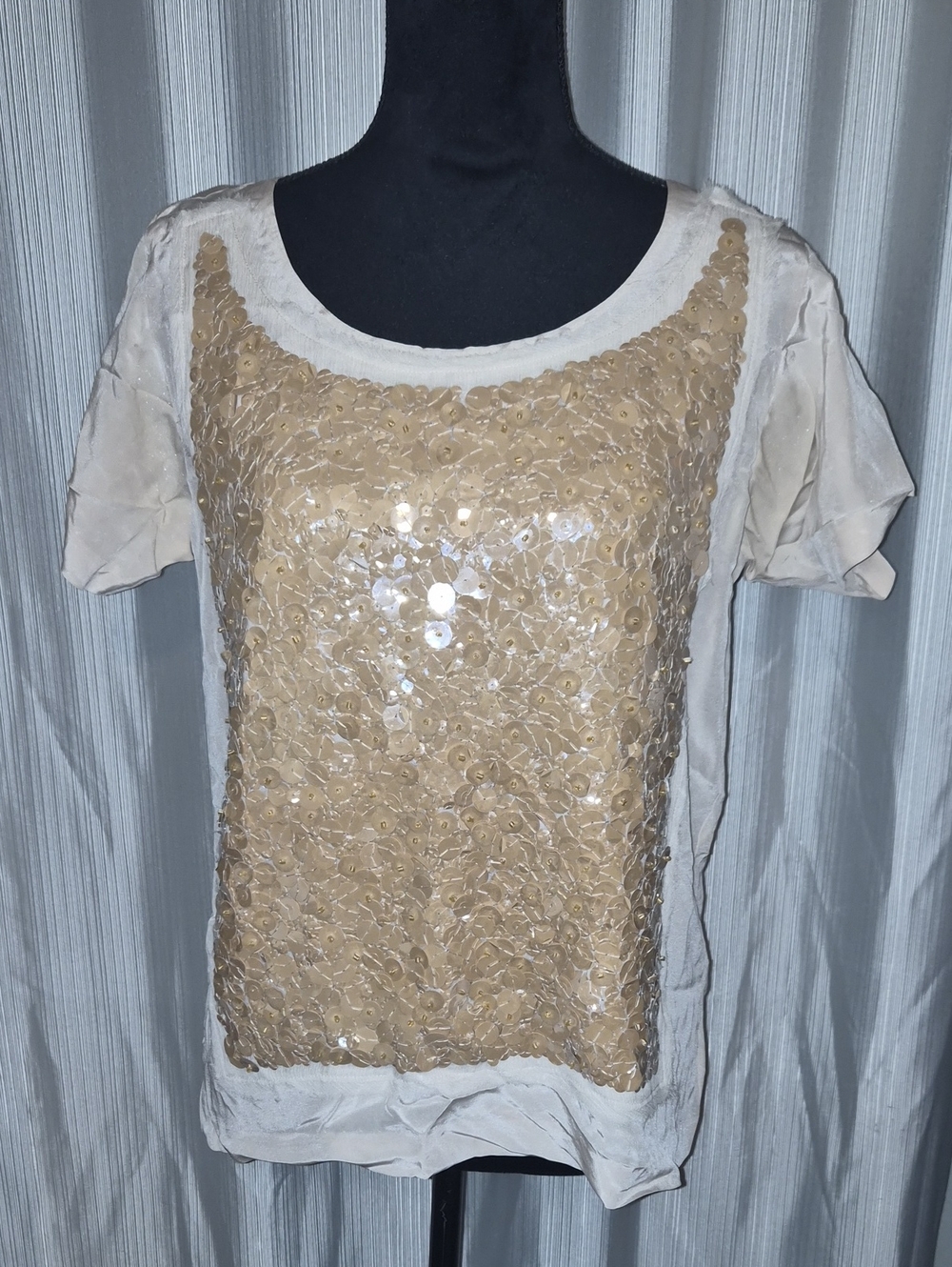 J. Crew Cream Short Sleeve Top with Gold Sequin Front